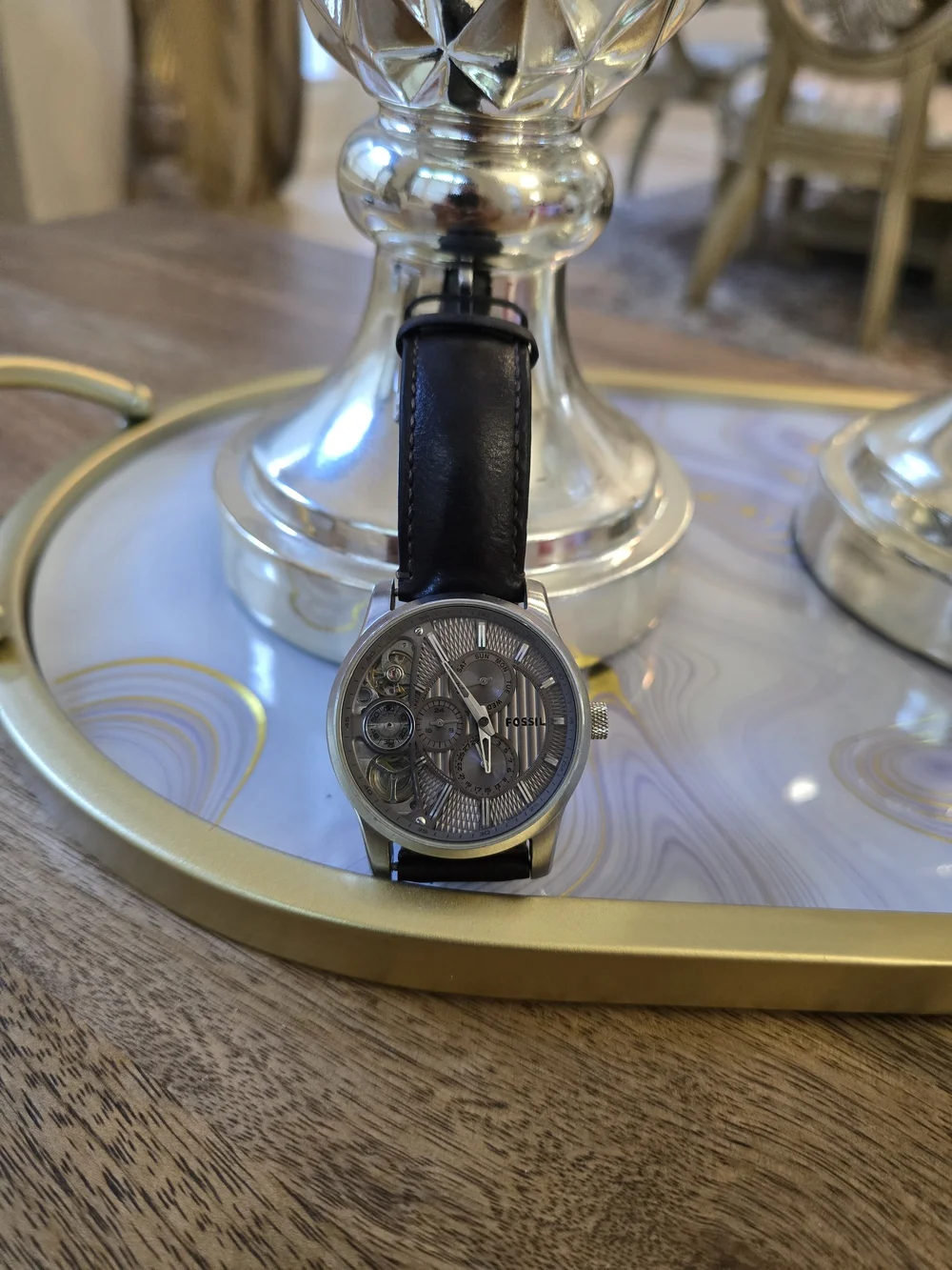 Fossil Men's Silver Dial Skeleton Automatic Watch with Brown Leather Strap